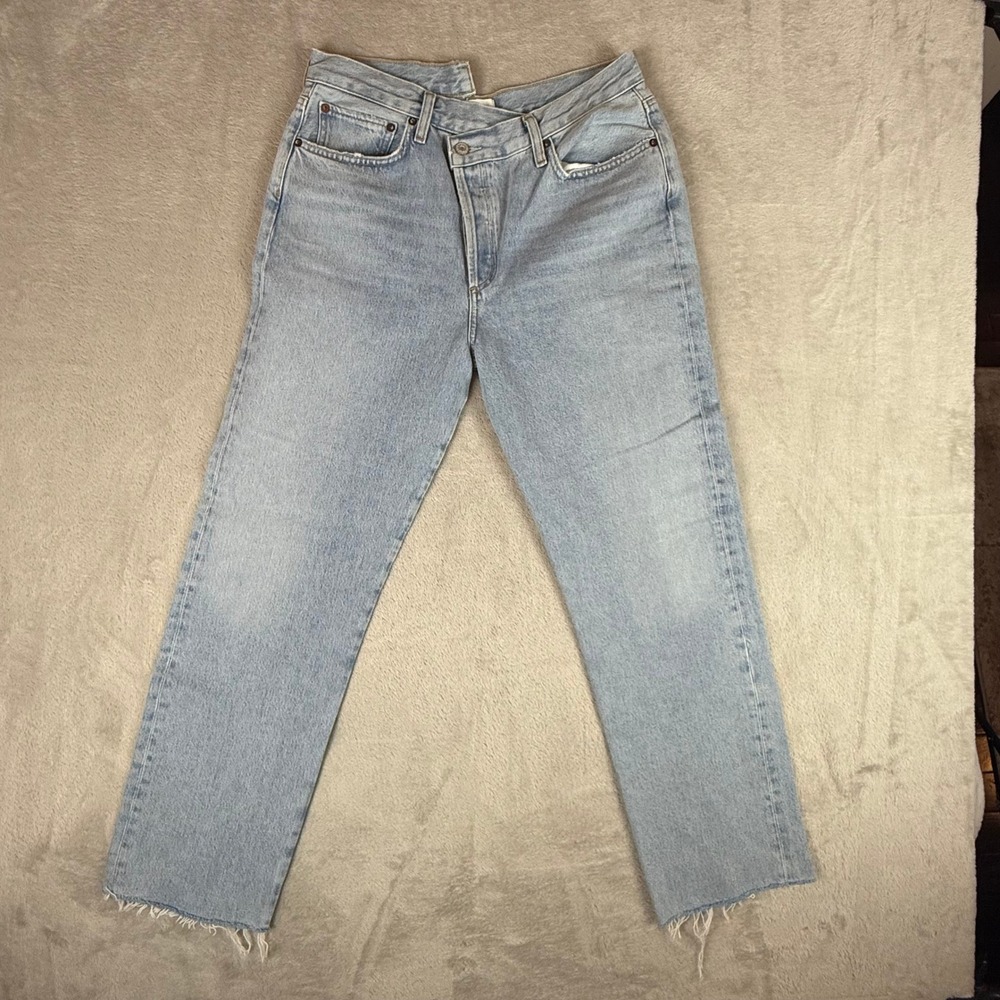 Agolde Criss Cross Straight Jeans Women 30 Light Blue Asymmetrical Button Fly